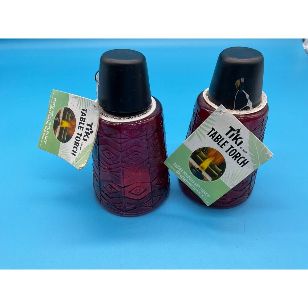 Tiki Table Torch Pair Red Glass Diamond Pattern Outdoor Decor NWT